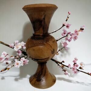 Handcrafted Olive Wood Vase Bethlehem Israel 60s Natural Grain Tilted 6" VTG